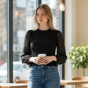 WILFRED Aritzia Tempest‎ Blouse Top Black Sheer Long Sleeve Smocked Women XL